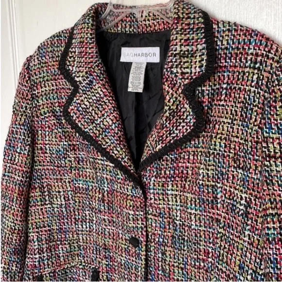 Vintage Sag Harbor Blazer Wool Blend Woven 80s Colorful Pink Orange Blue Green - Picture 2 of 16